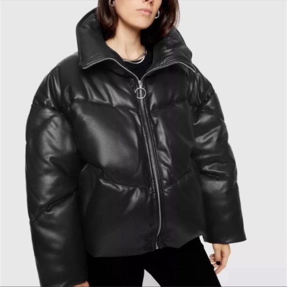 NWT Rebecca Minkoff Black Faux Leather Full‎ Zip Puffer Jacket Size Large - Picture 1 of 10
